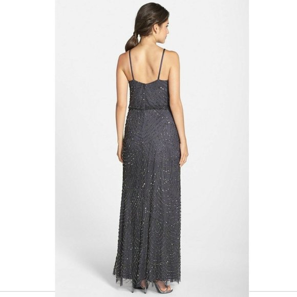 NEW Adrianna Papell Art Deco‎ Beaded Blouson Gown in Gunmetal [SZ 12 ] - Picture 8 of 9